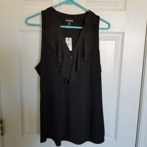 Express Black ruffle tank with gold buttons.